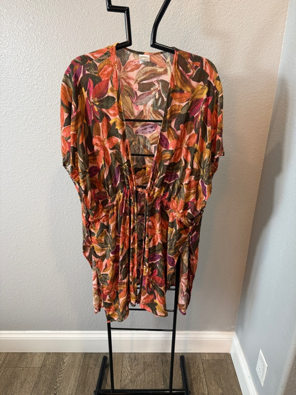 Floral Leaf Print Open Front Tie Waist Kimono